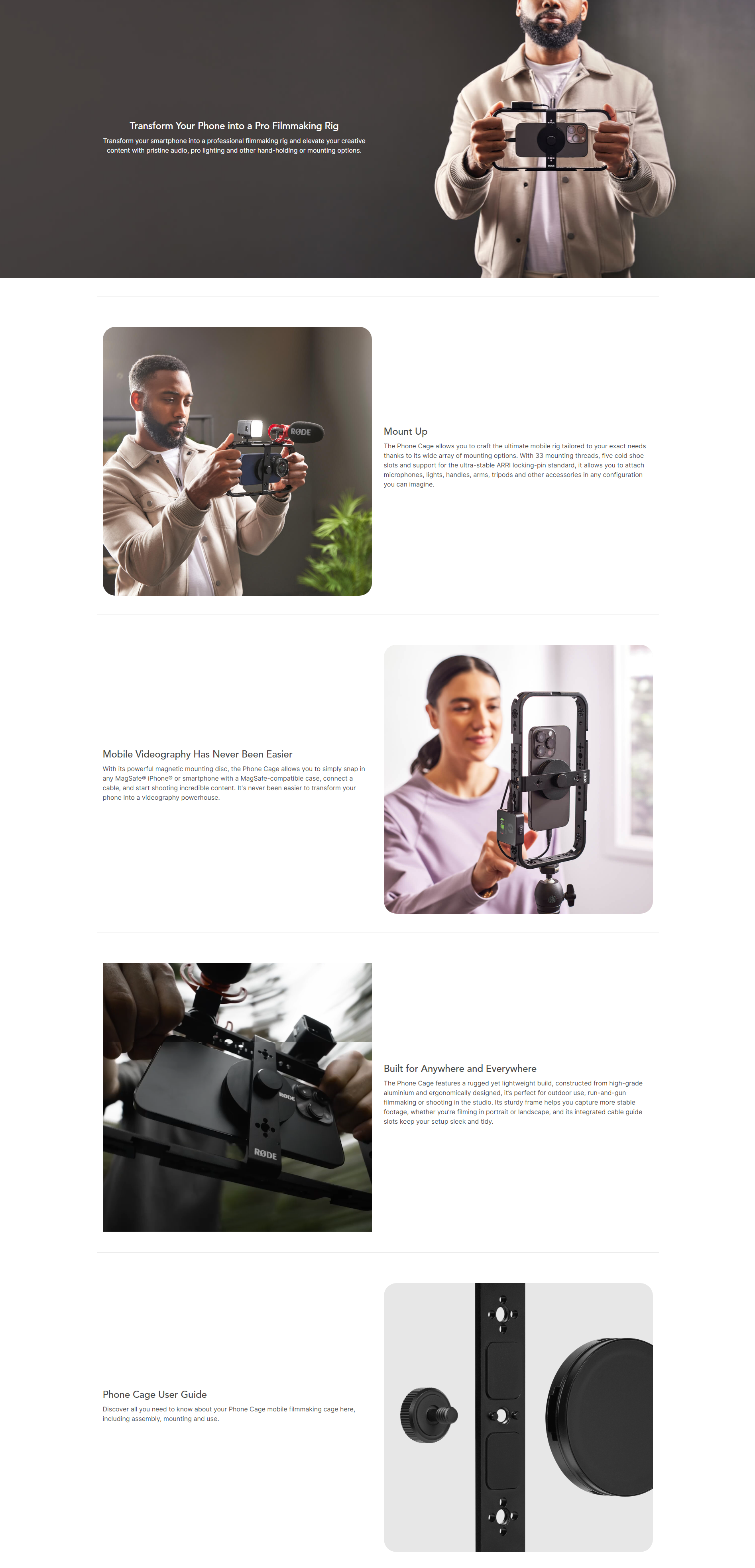 A large marketing image providing additional information about the product Rode Magnetic Mobile Filmmaking Cage - Additional alt info not provided